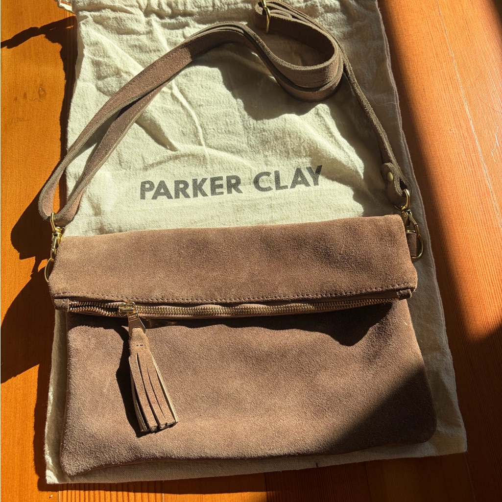 Parker Clay Makeda Brown Suede Fold-Over Crossbody Bag With Tassel